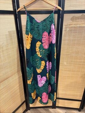 Tropical Green Maxi Slip Skirt with Pink & Yellow Leaf Print